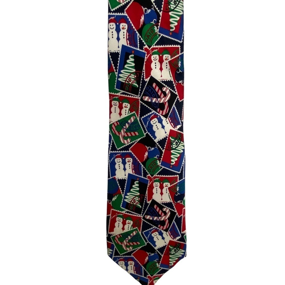 Christmas Postage Stamp Tie by Prescot Bay Snowman Cones Christmas Trees Multi